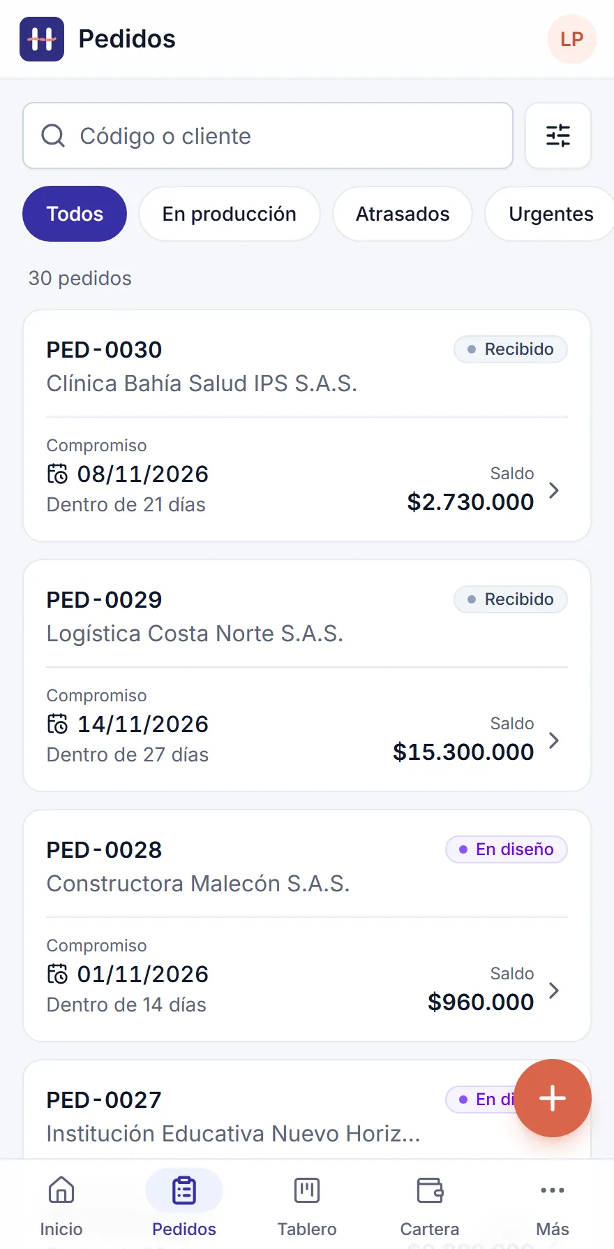 Lista de pedidos en la vista de celular
