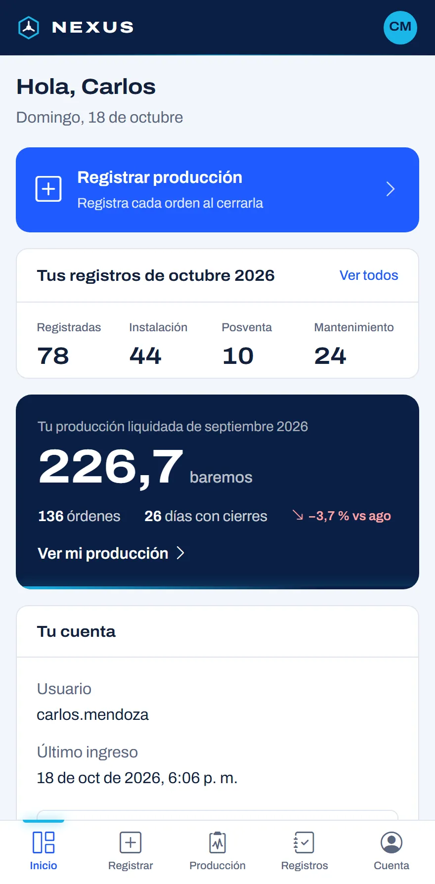 Inicio del técnico en el celular con sus registros y producción